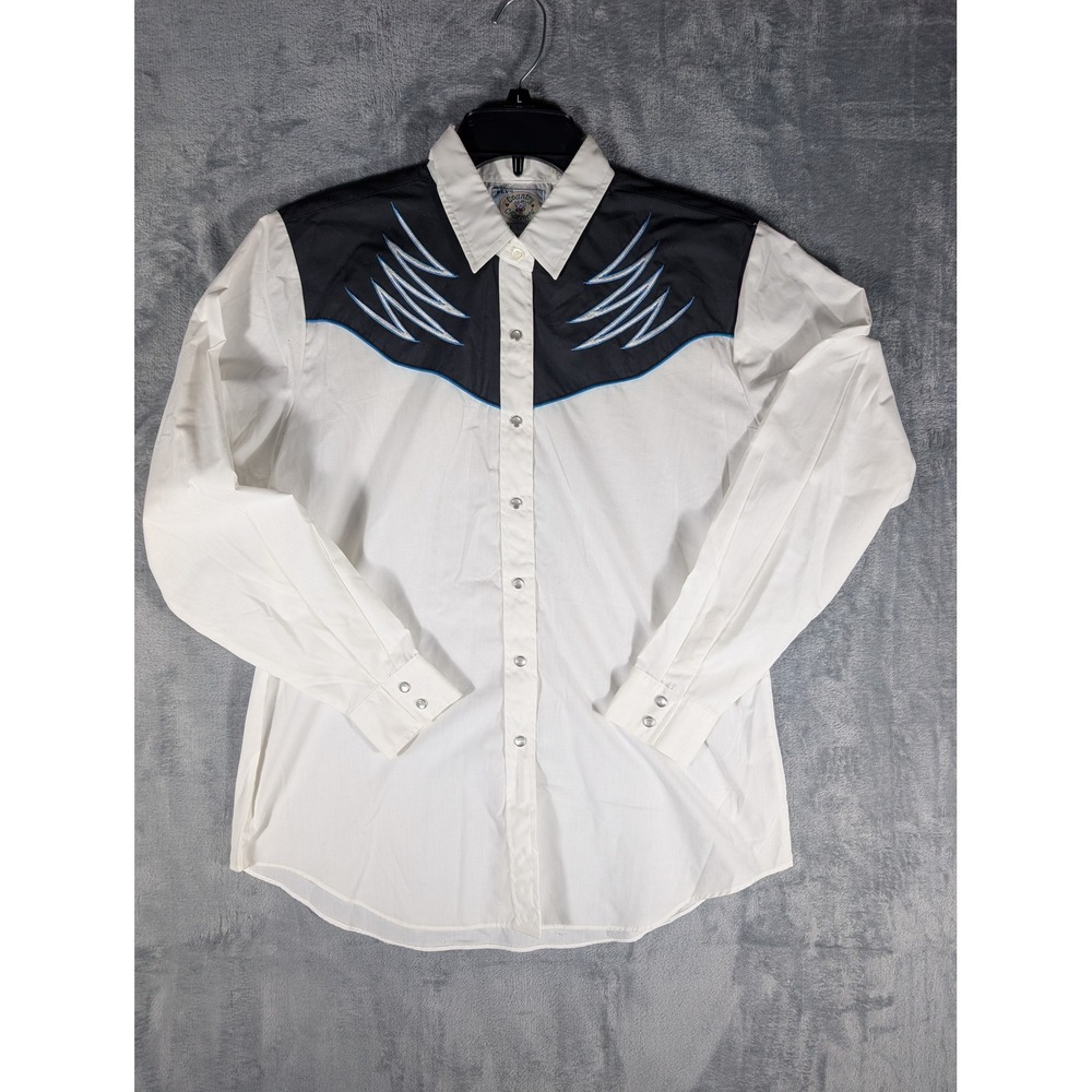 Vintage Ely Country Charmers Women's Western Pearl Snap Shirt White Black Blue L